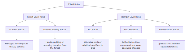 A taxonomy diagram classifying the five FSMO roles into Forest-level and Domain-level categories, detailing the specific function managed by each role.