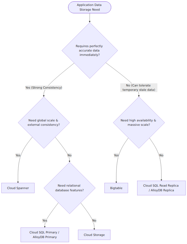 A decision tree that branches based on whether an application requires strong consistency or can tolerate eventual consistency, leading to the selection of Cloud Spanner, Cloud SQL, AlloyDB, Cloud Storage, or Bigtable.
