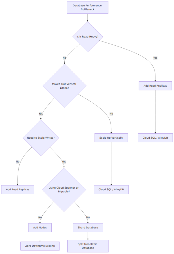A decision tree that branches based on workload type and bottleneck to choose between vertical scaling, horizontal read replicas, sharding, or managed node scaling.