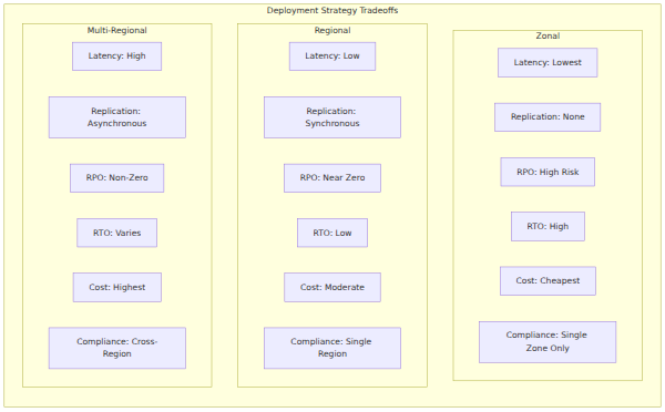 A comparison matrix evaluating zonal, regional, and multi-regional database deployments across latency, replication type, RPO, RTO, cost, and compliance constraints.